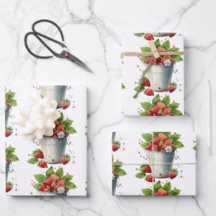 Strawberries in a Bucket Pattern Wrapping Paper Sheet