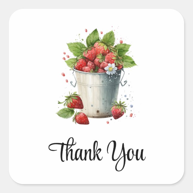 Strawberries in a Bucket Thank You Square Sticker (Front)