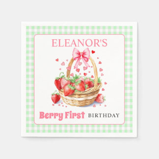 Strawberries mint gingham Berry First Birthday Napkin