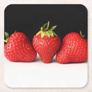 Strawberries On Black Over White coastercna Square Paper Coaster