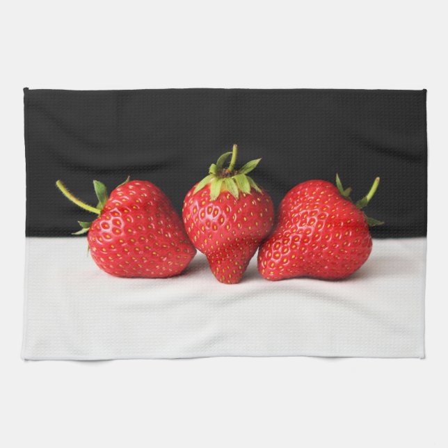 Strawberries On Black Over White ktcna Tea Towel (Horizontal)