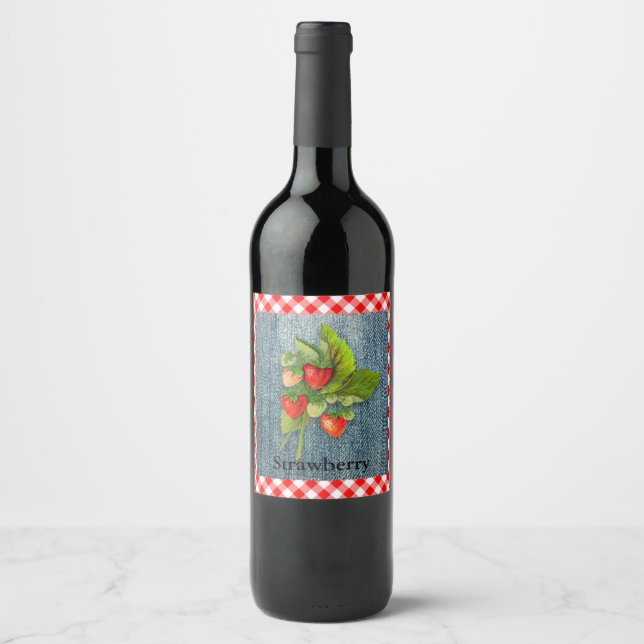 Strawberries on Denim and Gingham Look Background Wine Label (Front)