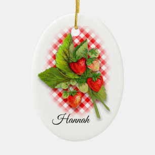 Strawberries on Gingham, "I love you berry much" Ceramic Ornament