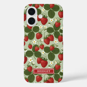 Strawberries On Green Monogrammed iPhone 16 Case