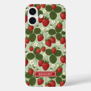Strawberries On Green Monogrammed iPhone 16 Plus Case