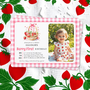 Strawberries, pink bow Berry First Birtday photo Invitation