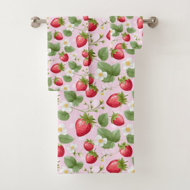 Strawberries Pink Red White Floral Greenery Bath Towel Set (Insitu)