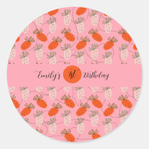 Strawberries Pink White Doodle Birthday    Classic Round Sticker