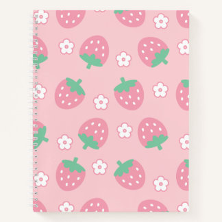 Strawberries Pink White Flowers Sakura Kawaii Cute Notebook