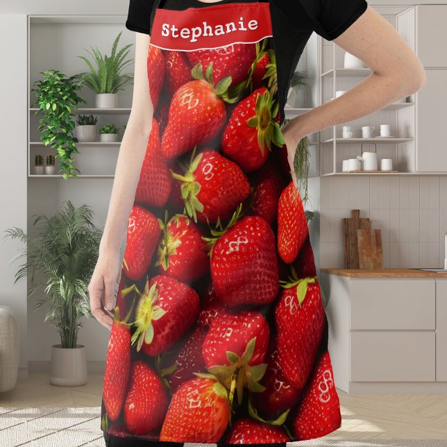 Strawberries Red Berries Fresh Fruit Personalised Apron (An eye-catching kitchen apron with strawberries design and custom name at the top)