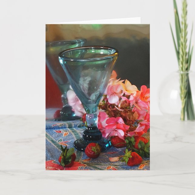 "Strawberries" Still Life with Glasses & Flowers Card (Front)