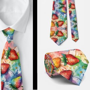 Strawberries Strawberry Pattern Rainbow Paint Tie
