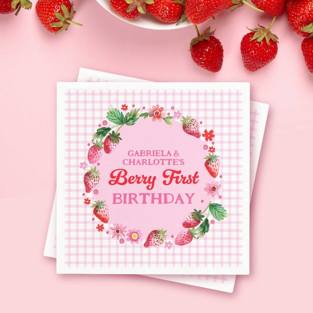 Strawberries Twin Sisters Joint Berry 1st Birthday Napkin (Strawberries Twin Sisters Joint Berry 1st Birthday Napkins)