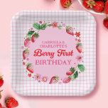 Strawberries Twin Sisters Joint Berry 1st Birthday Paper Plate<br><div class="desc">This design features a pink circular wreath with a border of watercolor strawberries and florals to celebrate your little twin girl's berry 1st birthdays. It has a background of pink gingham check. This design has a colour palette of pink, red and green. You can customise the names in this design....</div>