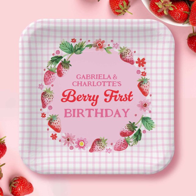 Strawberries Twin Sisters Joint Berry 1st Birthday Paper Plate (Strawberries Twin Sisters Joint Berry 1st Birthday Paper Plates)