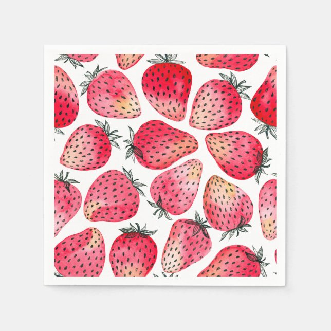 Strawberries watercolor and ink napkin (Front)