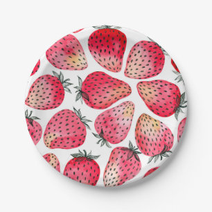 Strawberries watercolor and ink paper plate