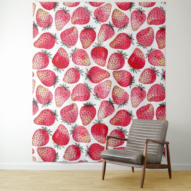 Strawberries watercolor and ink tapestry (In Situ)