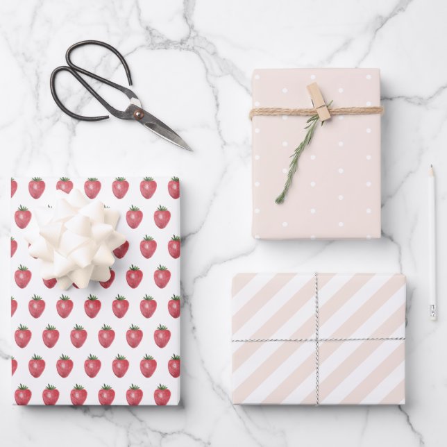Strawberries Watercolor Hand-painted Wrapping Paper Sheet (Front)