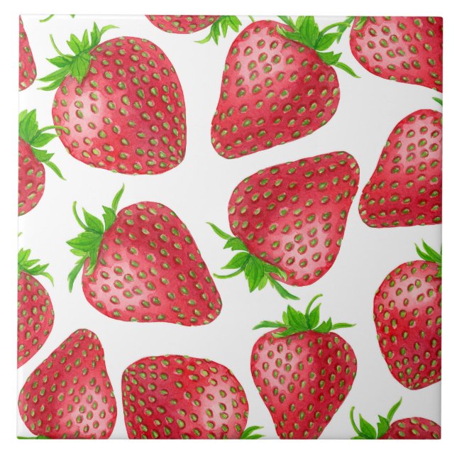 Strawberries watercolor pattern ceramic tile (Front)