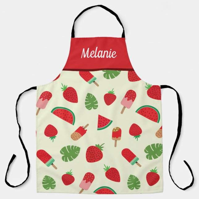 Strawberries, watermelon and popsicle custom name  apron (Front)