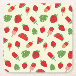 Strawberries, Watermelon and Red Popsicles  Square Paper Coaster