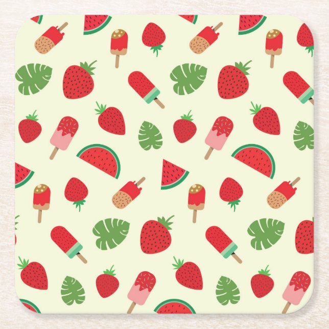 Strawberries, Watermelon and Red Popsicles  Square Paper Coaster (Front)
