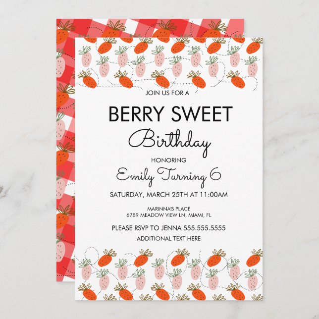 Strawberries White Pink Doodle Birthday Party  Invitation (Front/Back)