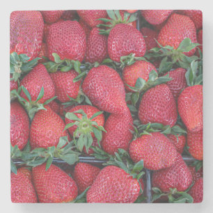 Strawberries with green leaves stone coaster