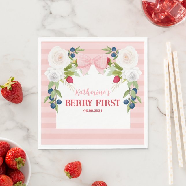 Strawberry 1st Berry Sweet Birthday Welcome Sign Napkin (Insitu)