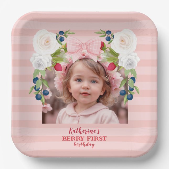 Strawberry 1st Berry Sweet Birthday Welcome Sign Paper Plate (Front)