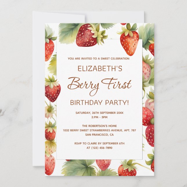 Strawberry 1st Birthday Berry First Birthday Invitation (Front)