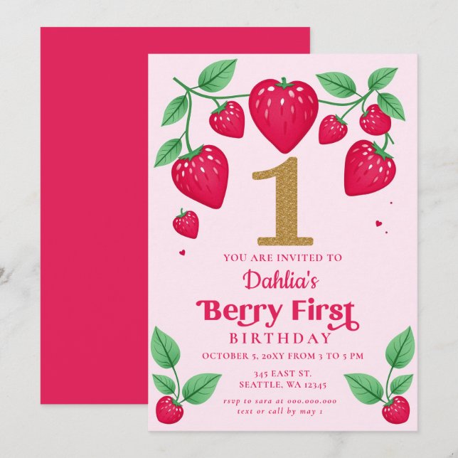 Strawberry 1st Birthday Berry First Birthday Invitation (Front/Back)