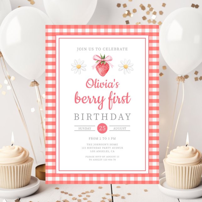 Strawberry 1st Birthday Berry First Birthday Invitation (Strawberry 1st Birthday Berry First Birthday Invitation)