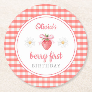 Strawberry 1st Birthday Berry First Birthday Round Paper Coaster