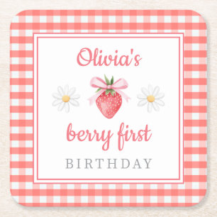 Strawberry 1st Birthday Berry First Birthday  Square Paper Coaster