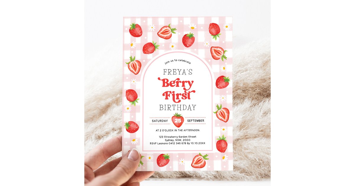 Strawberry 1st Birthday | Berry First Girl Party Invitation | Zazzle
