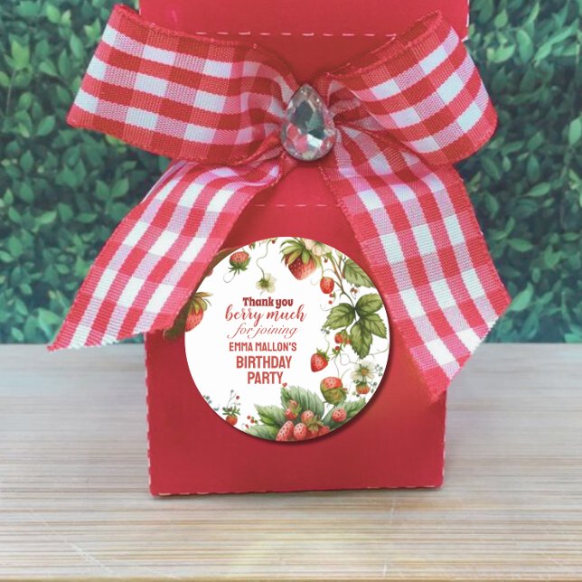 Strawberry 1st Birthday Berry First Invitation Classic Round Sticker (Creator Uploaded)