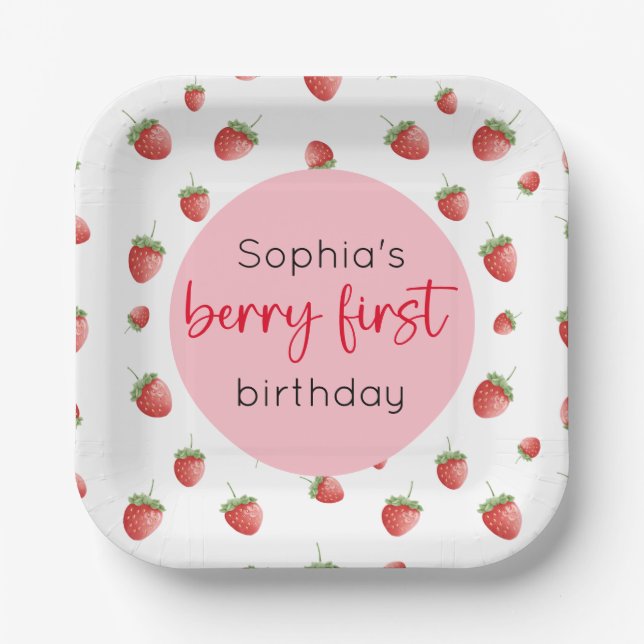 Strawberry 1st Birthday Berry First Paper Plate (Front)