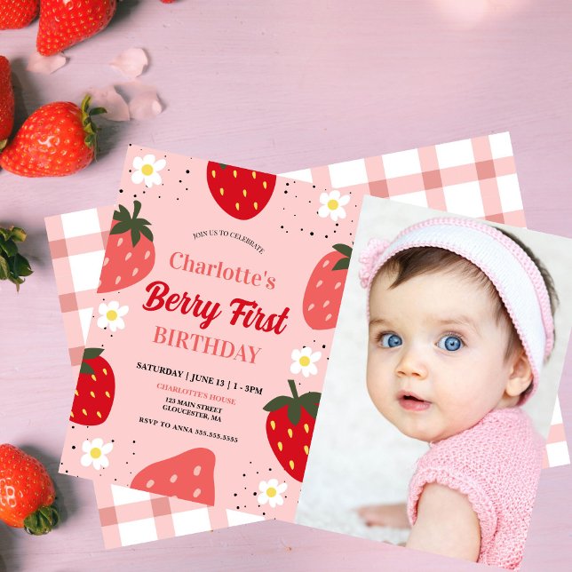Strawberry 1st Birthday Berry First Photo Birthday Invitation (Creator Uploaded)