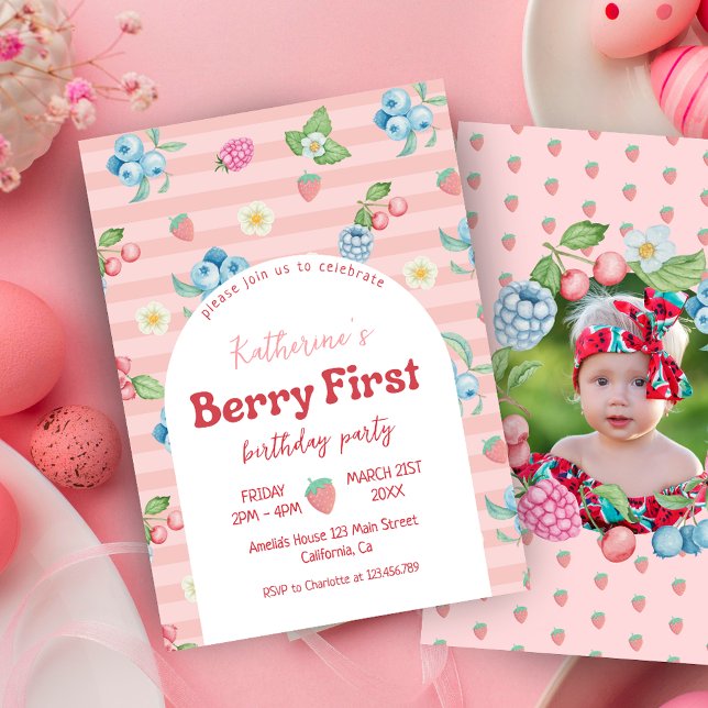Strawberry 1st Birthday Berry First Pink Birthday Invitation (Creator Uploaded)