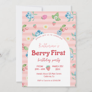 Strawberry 1st Birthday Berry First Pink Birthday Invitation