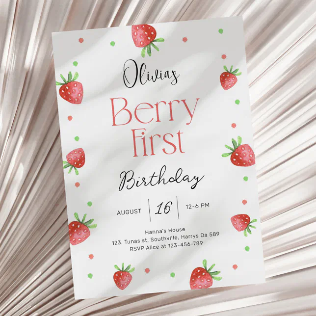 Strawberry 1st Birthday Berry First Sweet Girl Invitation | Zazzle