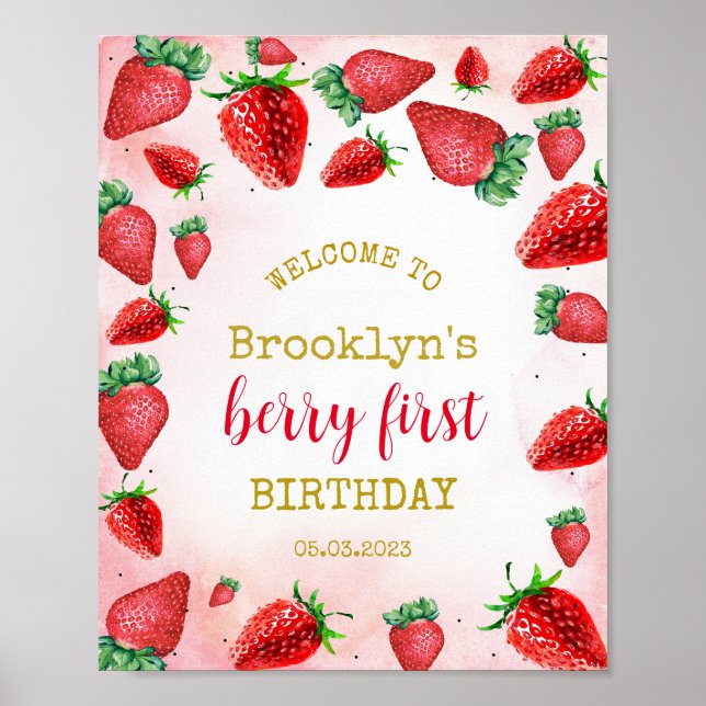 Strawberry 1st Birthday Berry First Welcome Sign (Front)