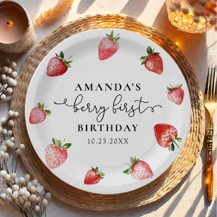 Strawberry 1st Birthday Berry Sweet One Paper Plate