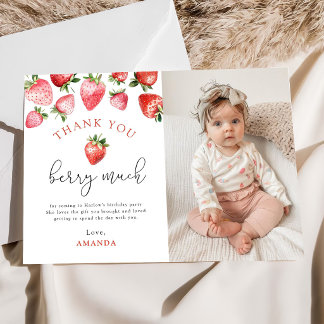 Strawberry 1st Birthday Berry Sweet One Photo Thank You Card