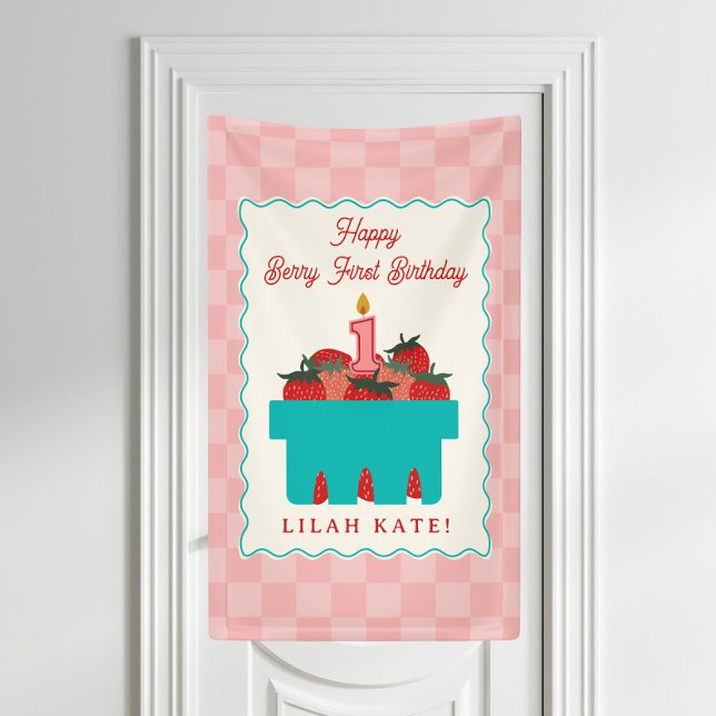 Strawberry 1st Birthday Chequered Basket  Banner (Creator Uploaded)
