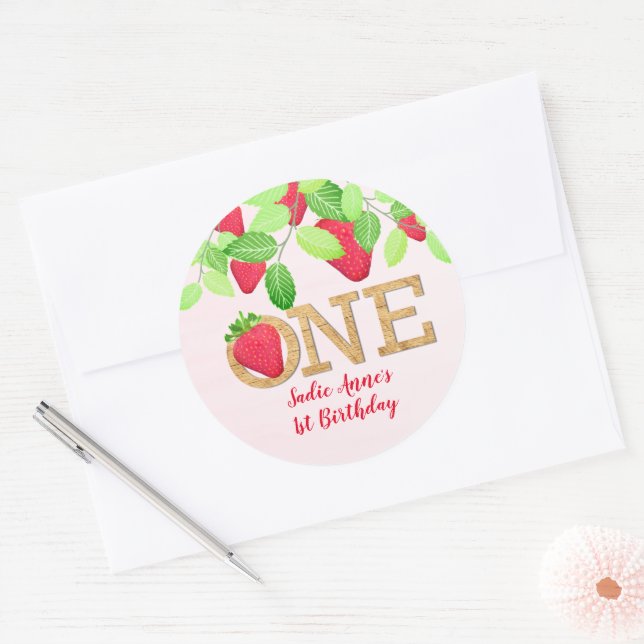 Strawberry 1st Birthday Girl Red Rustic Classic Round Sticker (Envelope)