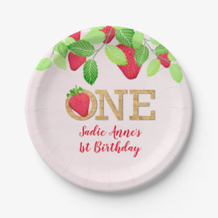 Strawberry 1st Birthday Girl Red Rustic Paper Plat Plate