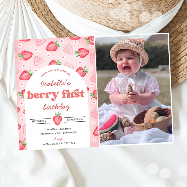 Strawberry 1st Birthday Invite Berry First Sweet (Creator Uploaded)
